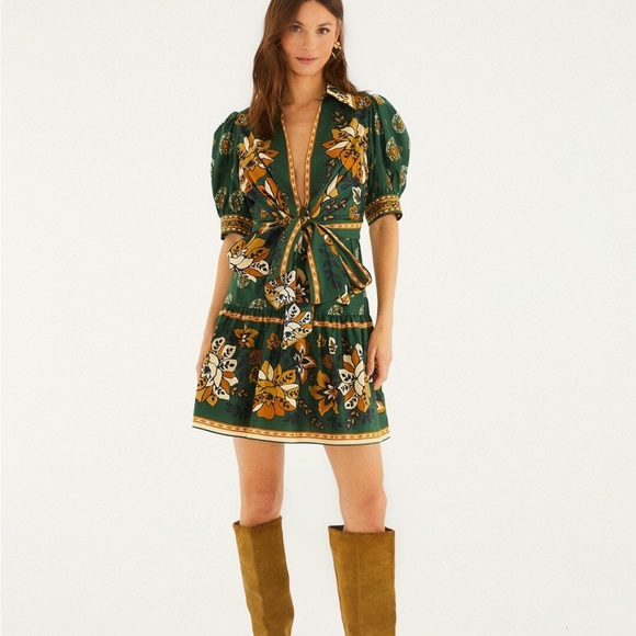 FARM Rio Dresses & Skirts - FARM Rio Green Floral Mini Dress with Mustard and White Accents